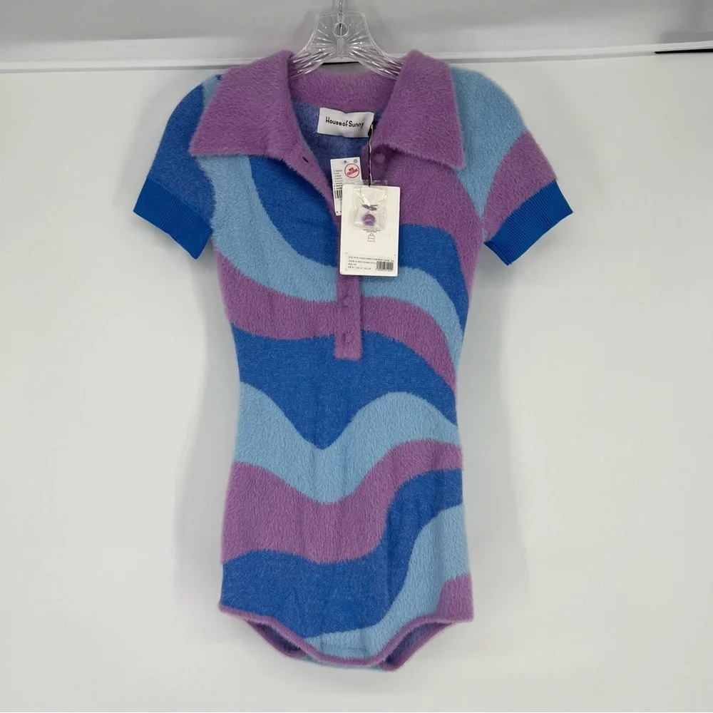 House of Sunny Good Vibrations Blue Purple Fuzzy Striped Artsy Bodysuit 6 NWT - Picture 2 of 9